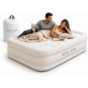 King Koil Luxury Built-in Pillow Top Queen Air Mattress with Built-in High-Speed Pump Best for Home, Camping, Guests, 20" Queen Size Double High Airbed, Blow Up Mattress, Waterproof