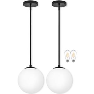 Bagood 10" Globe Pendant Light Black 2 Pack Mid Century Pendant Light Globe Pendant Lights Kitchen Island Matte Black Finished with Milk Glass Adjustable Ceiling Light Fixtures for Dining Room Bar