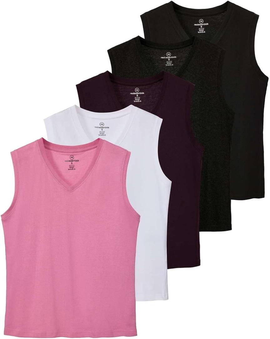 Real Essentials 5 Pack: Women's 100% Cotton V-Neck Sleeveless Tank Top Basic Ladies Casual Shirts (L)