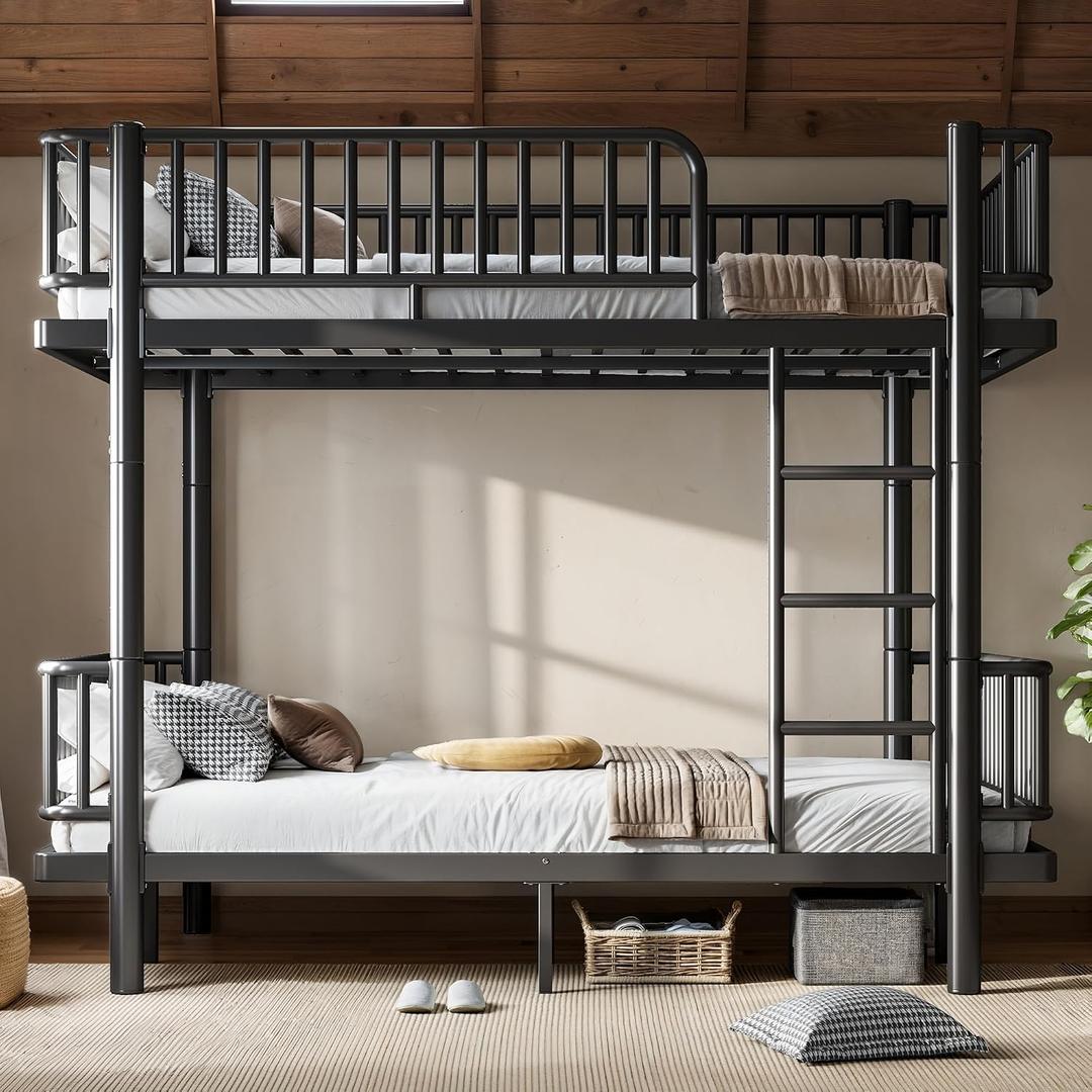 Bellemave Metal Queen Over Queen Bunk Bed for Adults/Kids,Heavy Duty Adults Bunk Beds with Rounded Guardrail & Anti-Noise Slats, Convertible Bunk Beds for Teens,Black
