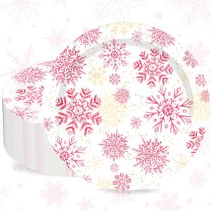 JarThenaAMCS 40Pcs Winter Paper Plates Pink Christmas Snowflake Disposable Plates 9 Inch Party Dinner Plates for Xmas Holiday Party Supplies