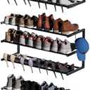 3 Pack Wall Mounted Shoe Rack, 3 Tier Hanging Shoe Rack Holds 36 Pairs, 17"-30"Adjustable Heavy Duty Metal Shoe Organizer Holder with 6 Storage Hooks, Space Saving for Closet Entryway DoorwayBlack)
