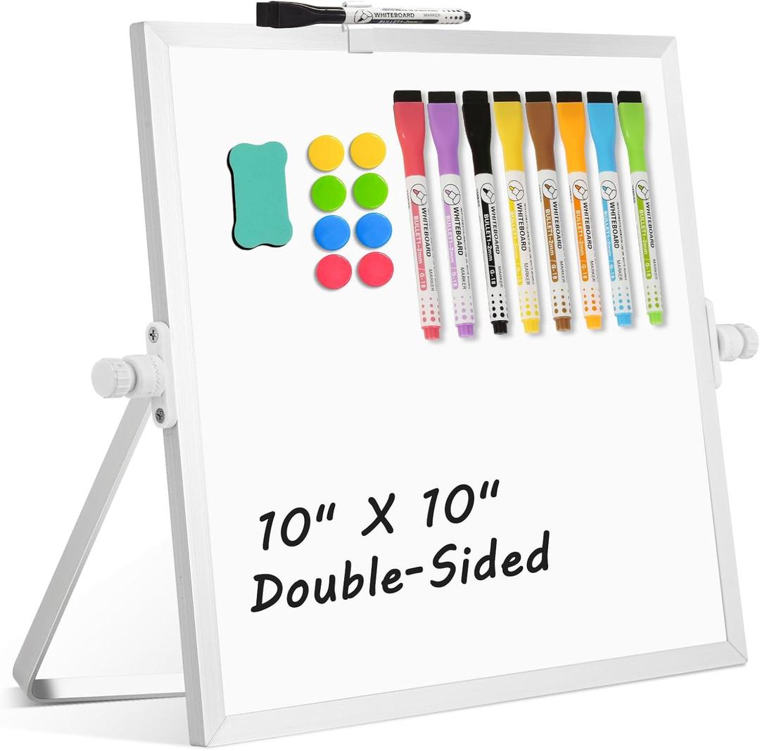 Dry Erase Magnetic White Board, 10" x 10" Double-Sided Desktop Whiteboard with Stand, Portable Small Whiteboard Set for Drawing, Office, Home