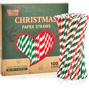 3 x Christmas Paper Straws Green Red Striped7.75 inch, Biodegradable Disposable Holiday Drinking Straws, Party Decoration Straws - 100 Pack (Classic stripes-100)