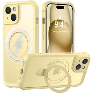 MOCCA Design for iPhone 15 Case with Magnetic Invisible Stand [Full Camera Protection] [Compatible with Magsafe] Military Drop Shockproof Translucent Matte Phone Case Cover 6.1",Creamy Yellow