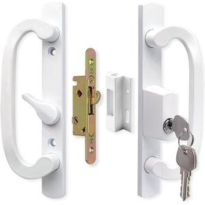 Patio Sliding Door Handle Set with Mortise Lock, Key Cylinder and Keeper, Replacement Handle Lock Set Fits Door Thickness from 1-1/2" to 2-1/4", 3-15/16" Screw Hole Spacing, Keyed, White