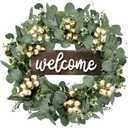 Sggvecsy Green Artificial Eucalyptus Wreath with Welcome Sign 20in Spring Summer Wreath with White Berries for Front Door Wall Window Festival Porch Farmhouse Patio Garden Decor (1 piece)