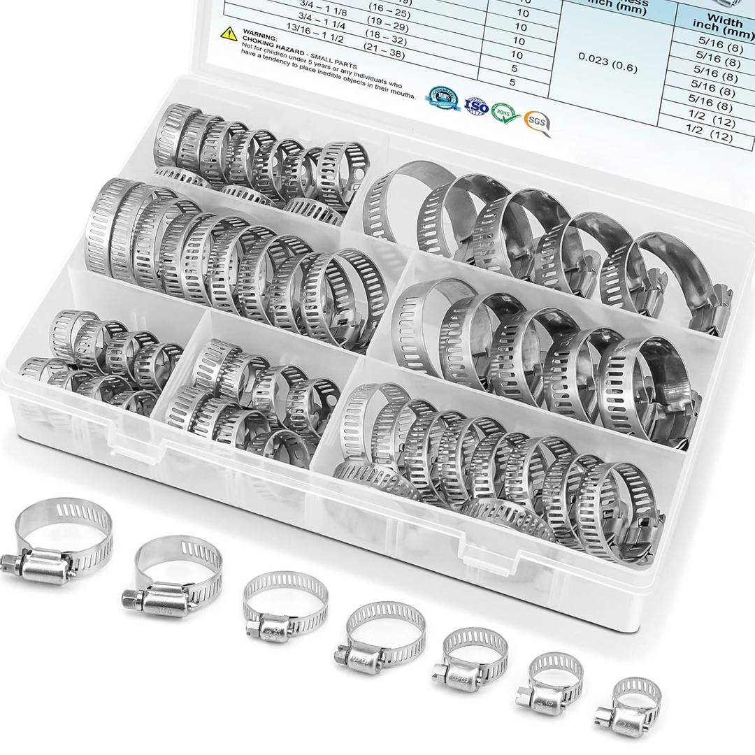 TICONN 60PCS Hose Clamp Set - 1/4''1-1/2'' 304 Stainless Steel Worm Gear Hose Clamps for Pipe, Intercooler, Plumbing, Tube and Fuel Line