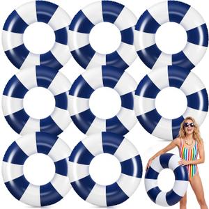 Gemscream 8 Pcs Large Inflatable Pool Floats for Adult 33.46 Inch Striped Swim Ring Toys Bulk Round Inflatable Swimming Pool Floating Tubes for Adults Teens Beach Summer Party, 35.43 Inch