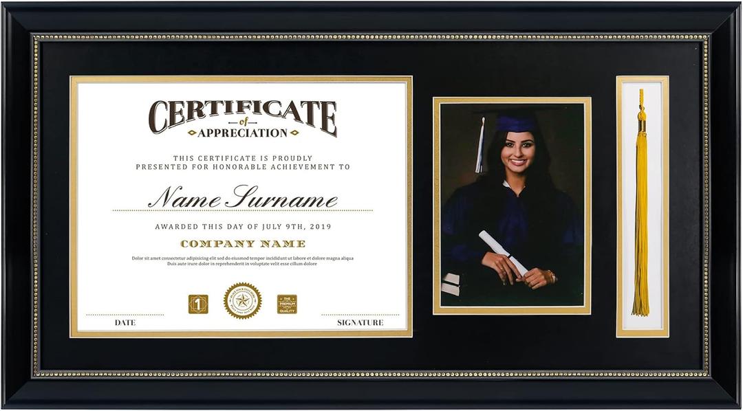 GraduatePro Picture Frame - Black Frame with Gold Rim, 11x22 inches, Document/Certificate & 5x7 Photo, Double Mat, Real Glass, Tassel Holder, Vintage Collection
