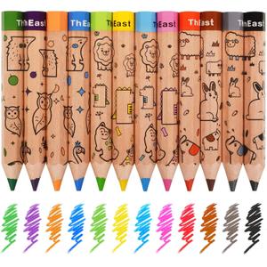 ThEast 12 Short Colored Pencils for Kids, Cute Animal Toddlers Crayons Color Pencil with Sharpener, Preschool Party Favors, Pre-Sharpened(Pack of 1)