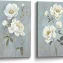 Color Play Flower Canvas Abstract Wall Art: 2 Pieces White Floral Prints Artwork Vintage Peony Bouquet Botanical Painting Picture for Bedroom Living Room Bathroom Home Office, 24"L x 16"W x 2