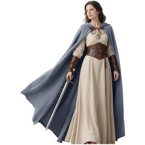 L'VOW Medieval Hooded Cloak Linen Renaissance Cape with Hood - Halloween Hobbit Cosplay Witch Wizard LARP
