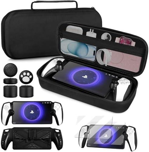 4 in 1 Accessoris Set Compatible with Playstation Portal, EVA Hard Carrying Case for PS5 Portal, Silicone Protective Cover,2 Pcs Screen Protector,10 Thumb Grip Caps,Ps Portal Accessories Black