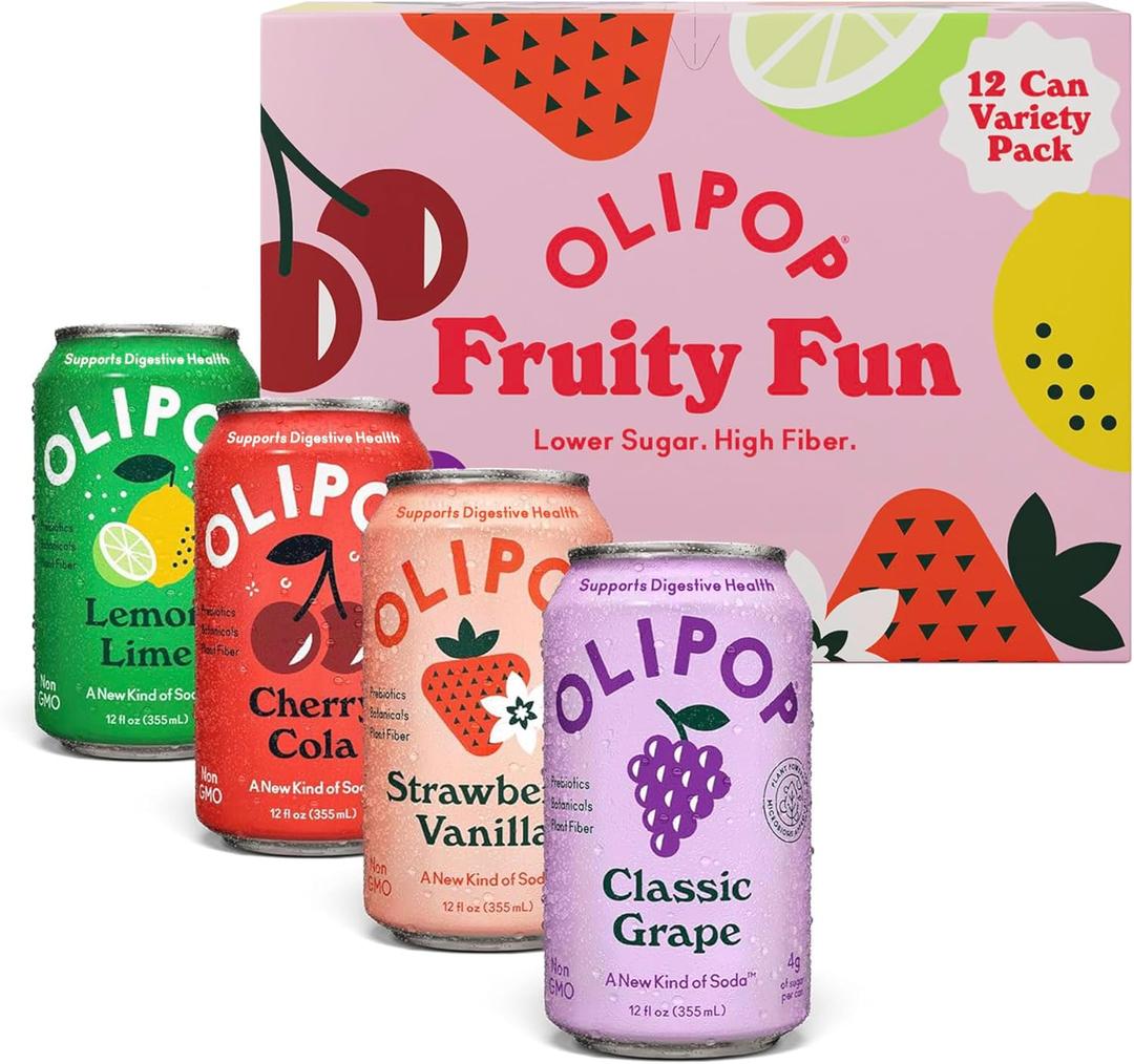 OLIPOP Prebiotic Soda Pop, Fruity Fun Variety, Pantry Pack Packed with Prebiotics, Fiber, and Botanicals, Gluten Free, GMO Free, 12oz (12-Cans), BBD MAR/17/27