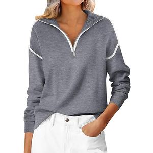 Saodimallsu Womens Quarter Zip Pullover Sweaters Casual Collared V Neck Color Block Long Sleeve Loose Knit Fall Sweater (Small, Gray)