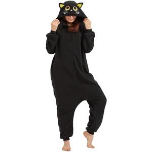 AMAMHAHAVA Cozy Black Cat Onesie Pajamas for Adults Halloween Costume One-Piece Cosplay Christmas Sleepwear.M