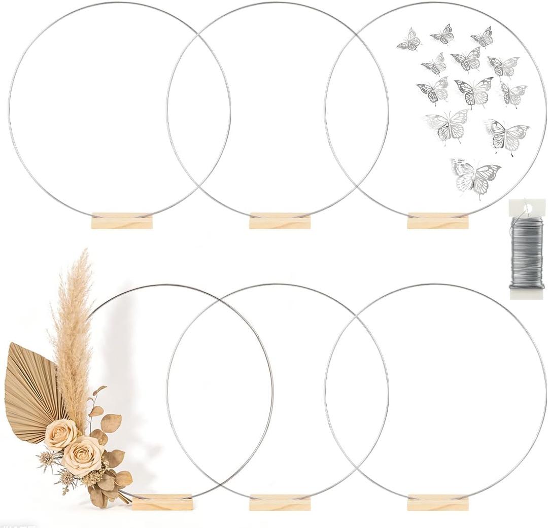 6 Pack Floral Hoop with Stand and 38-Yard Paddle Wire 24 Inch Metal Rings for DIY Centerpiece Table Decorations Crafts Macrame Rings Hoop Wreath Dream Catcher Rings Wedding Christmas Wreaths, Silver