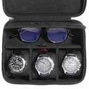 Real Leather Watch Box Mens Travel Case with Glasses Storage Compartment, Top-Grain Genuine Leather 3 Watches Carrying Box | Watch Travel Roll Zipper Closure (3+1BB) (Black)