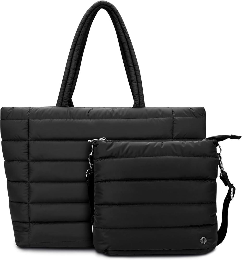 TEKGERLU Puffy Quilted Tote Bag for Women - Lightweight Handbag with Multiple Compartments for Gym, Work, Travel (Black)