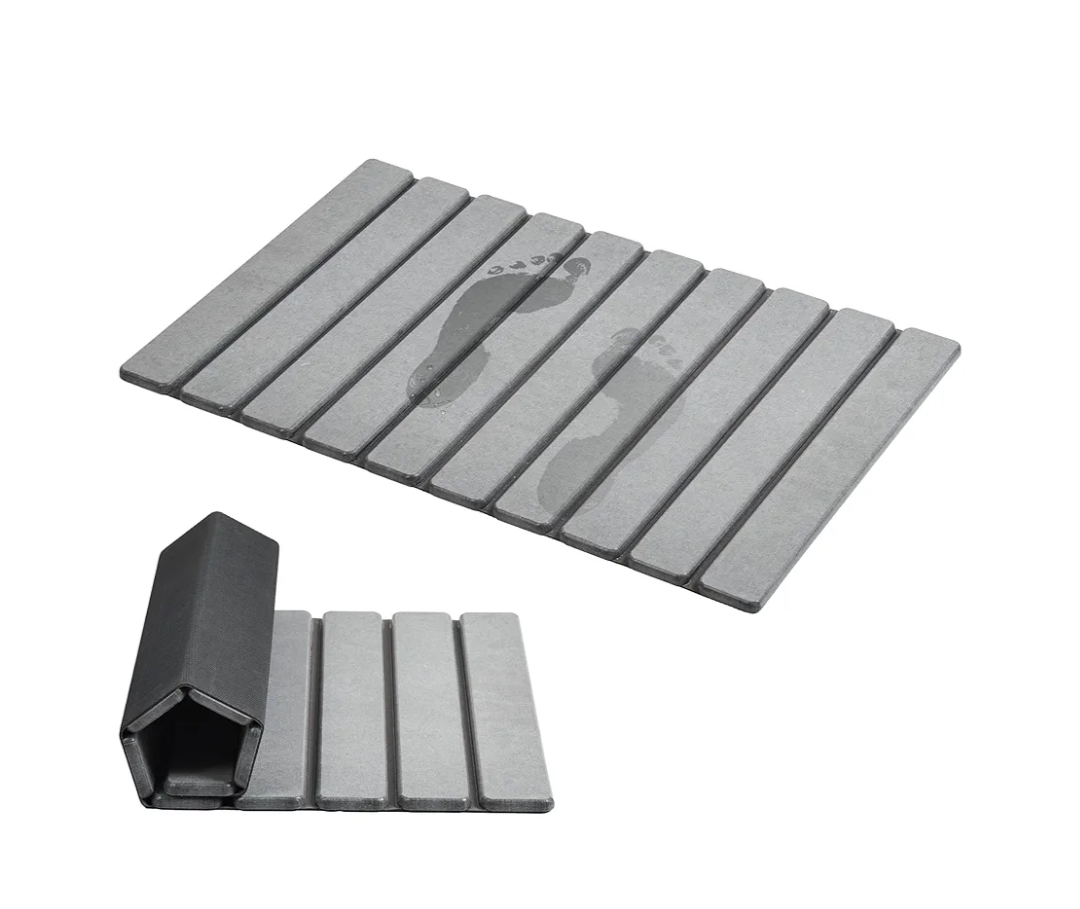 AWW Foldable Stone Bath Mat, Super Absorbent Diatomaceous Earth Mat, Non-Slip 23.6 x 15.5 Inch Quick Drying Mat, Compact and Easy to Store Bath Mats for Bathroom, Easy to Clean, Grey