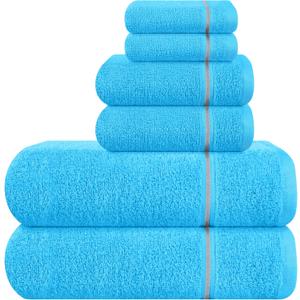 MyOwn Ultra Soft 6 Pack Cotton Towel Set, Contains 2 Bath Towels 28x55 inch, 2 Hand Towels 16x24 inch & 2 Wash Coths 12x12 inch, Ideal Everyday use, Compact & Lightweight - Turquoise Blue