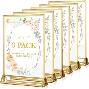 EHWINE 6 Pack Acrylic Sign Holder 5 x 7, Double Sided Gold Picture Frame Stand up Table Top Sign Holders, Clear Display Stand Menu Flyer Holder for Wedding Party