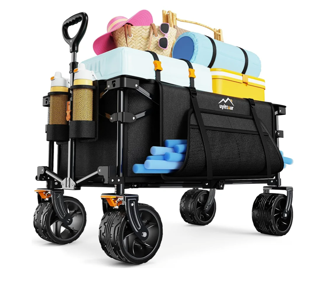 Collapsible Wagon Cart Heavy Duty Foldable, Folding Beach Wagon with Big Wheels for Sand, Utility Grocery Cart with Side Pocket and Brakes for Camping Sports Outdoor Activities, Black