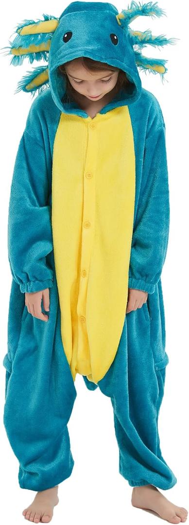 ATOZ Onesie for Kids, Animal Pajamas Halloween Cosplay Costume for Girls Boys (10-11 Years, Blue Axolotl)