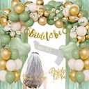 Bachelorette Party Decorations, Bride To Be Decorations Olive Green Gold Beige Balloons with Bride To Be Sash, Banner, Cake Toppers, White Veil, Heart Foil Balloons Green Fringe Curtain Backdrop