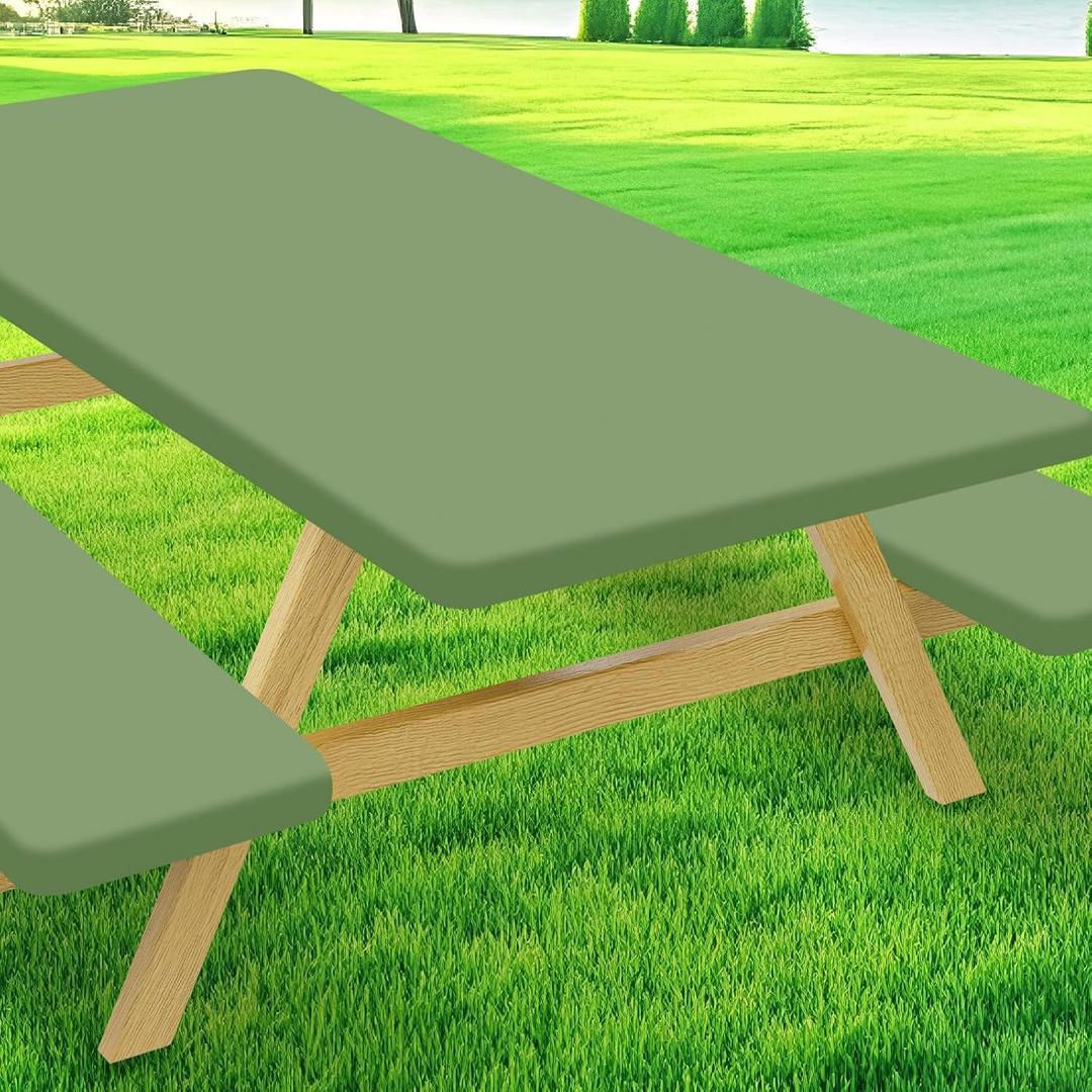 Moosfor Picnic Table Cover with Bench Covers, Elastic Fitted Spandex Tablecloths for 6 Foot Rectangle Tables, Stretch Washable Patio Tablecloth for Outdoor, Camping (Sage Green, 30"x72")