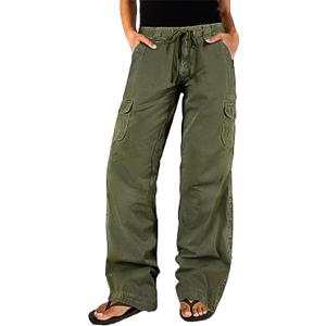 Flamingals Women's Straight Leg Mid Waist Casual Pants High Stretch Drawstring Flap Pocket Long Pants for Women, Large