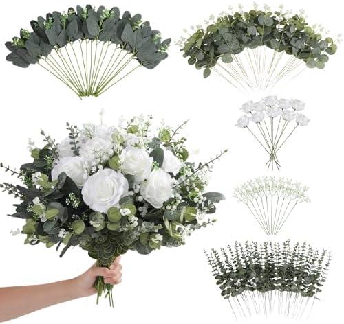120 Pcs Mixed Artificial Eucalyptus Leaves Stems Bulk,Baby Breath Artificial Flowers Bulk with Eucalyptus Leaves Greenery Stems for DIY Bouquets Wedding Floral Home Decor (Green+White-120pcs)