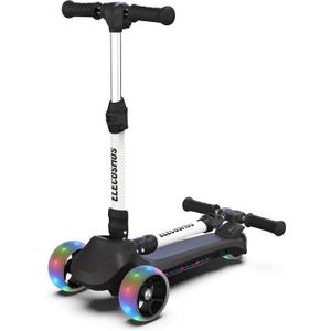 ELECOSMOS Safe Electric Scooter for Kids 4+, Balance for Beginner, Thumb Throttle, Flash Deck, Extra Wide Light Up Big Wheels, Adjustable Heights, 5 MPH Safe Speed (Black)