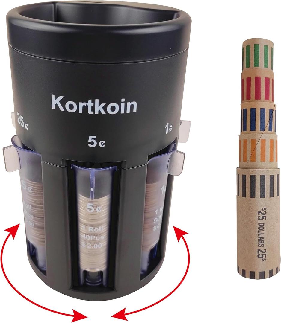 Kortkoin Automatic Coin Sorter 5-in-1 Coin Counter with Coin Wrappers, Empty Piggy Bank Coin Holder Jar Quickly & Accurate as Change Sorter Machine, Widely Used at Home, Office & Store, Easy to Use