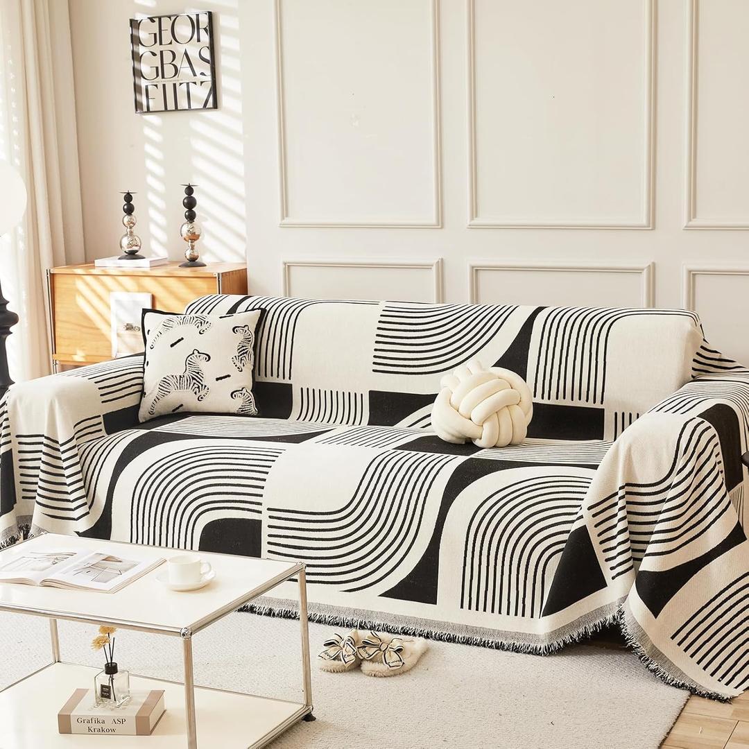 Boho Couch Cover Sofa Covers Washable, Chenille Couch Covers for 3 Cushion Couch Sofa Pet Friendly, Bohemian Sofa Slipcovers for Sectional Sofa, Loveseat, 2 3 4 Seater (91" x 134", Black)