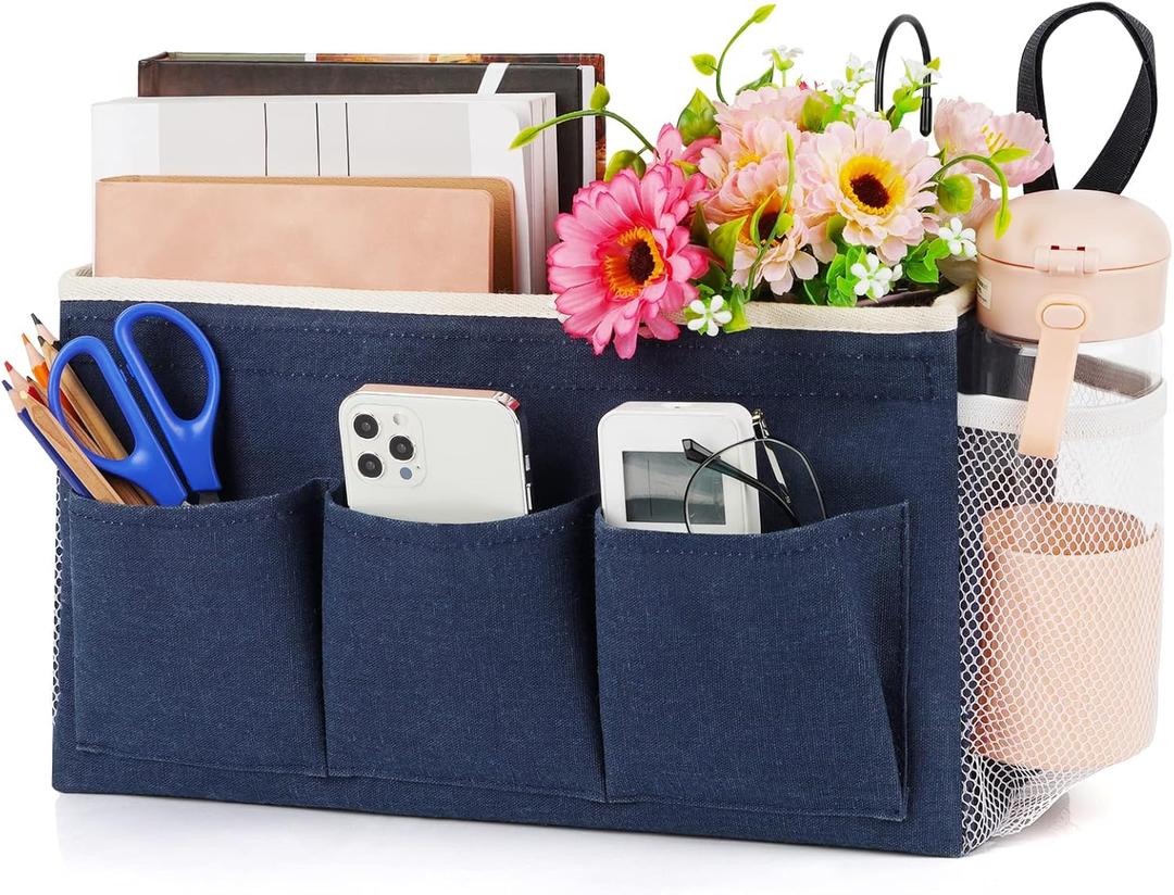 Lilithye Bedside Caddy Bedside Organizer Bedside Storage Caddy with Fixed Straps and Water Bottle Holder for Home College Dorm Bunk Bed Hospital Bed Crib Bed Rails (Navy Blue)