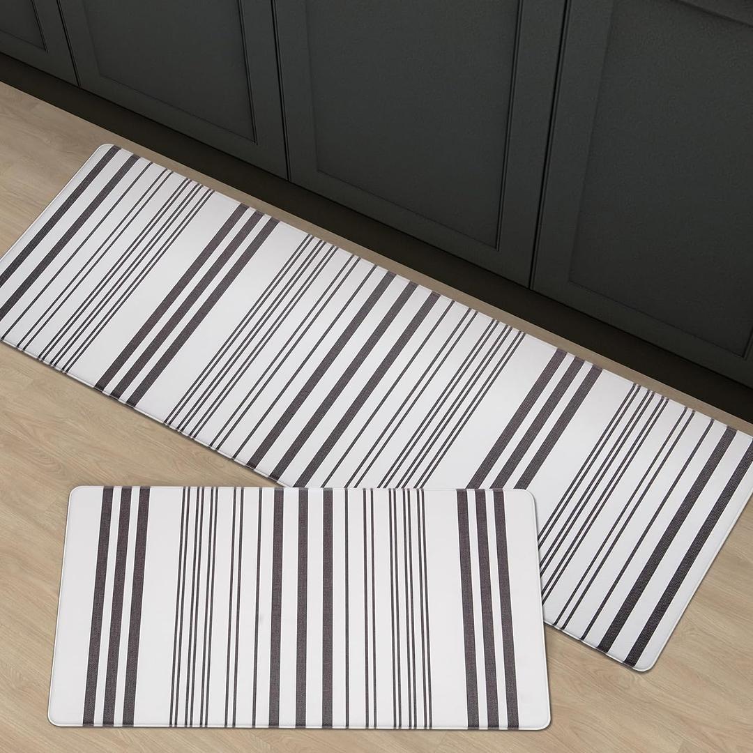 FRESHMINT Farmhouse Stripe Anti-Fatigue Kitchen Mat Set of 2, Cushioned Foam Kitchen Mats for Floor, Waterproof Non Slip Comfort Mat, Modern Kitchen Rug for Kitchen Decor, Sink, Laundry, Office (Black)