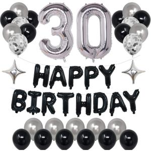30th Black Silver Birthday Party Decorations for Men Women, Happy 30 Birthday Party Supplies with Black Happy Birthday Banner,30 Number Balloons, Silver Foil Stars, Happy Birthday Balloons for 30th Birthday