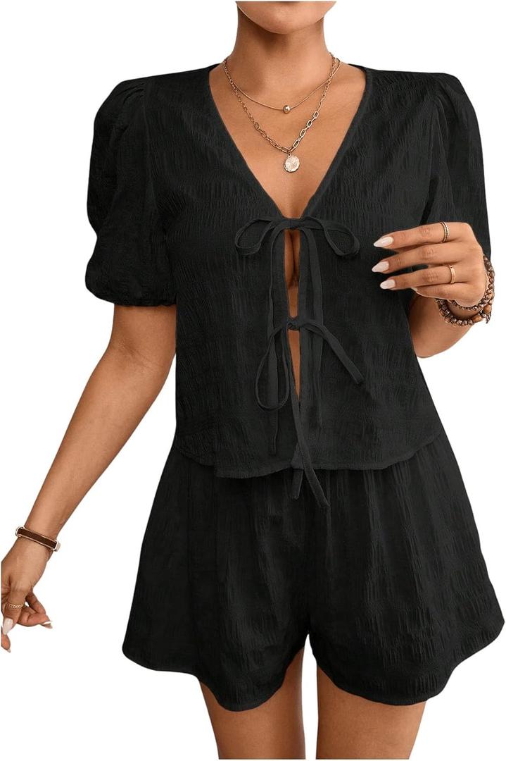 OYOANGLE Women's 2 Piece Outfits Textured Bow Tie Short Sleeve Blouse and Wide Leg Shorts Set (Medium, Black)