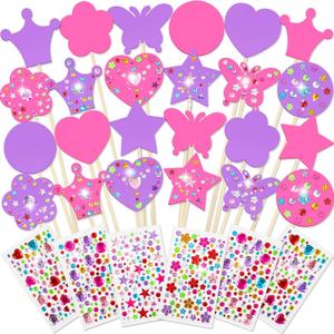 Juexica 24 Pcs Princess Fairy Wand Kit Includes 24 Make Your Own Princess Accessories 6 Styles Unfinished Wooden Fairy Wand and 6 Gem Stickers for Girls DIY Magical Craft(Rose Red, Purple)