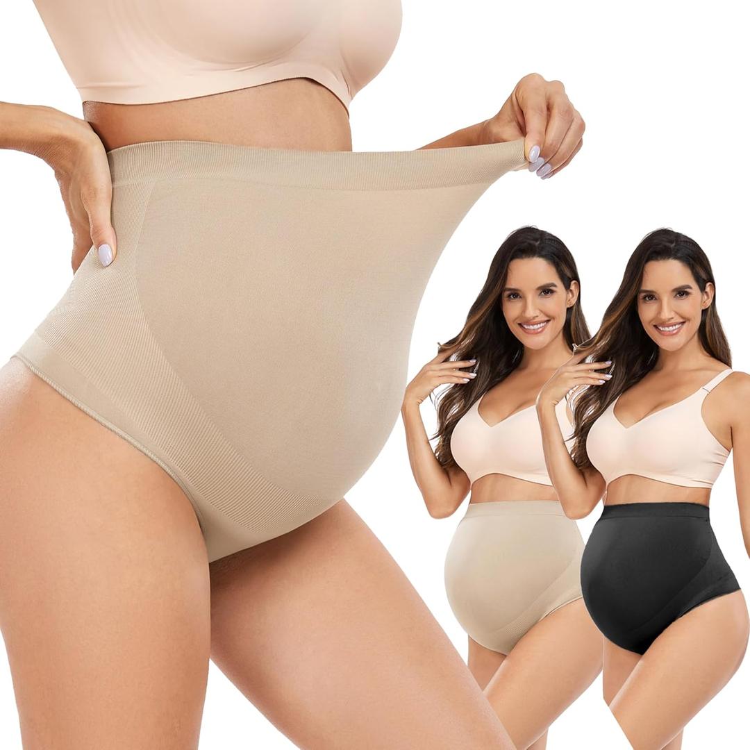 Hailycoco Seamless Maternity Shapewear, Maternity Thong High Waist Underwear Panties for Pregnancy with Belly Support (Small, Nude+nude+black)