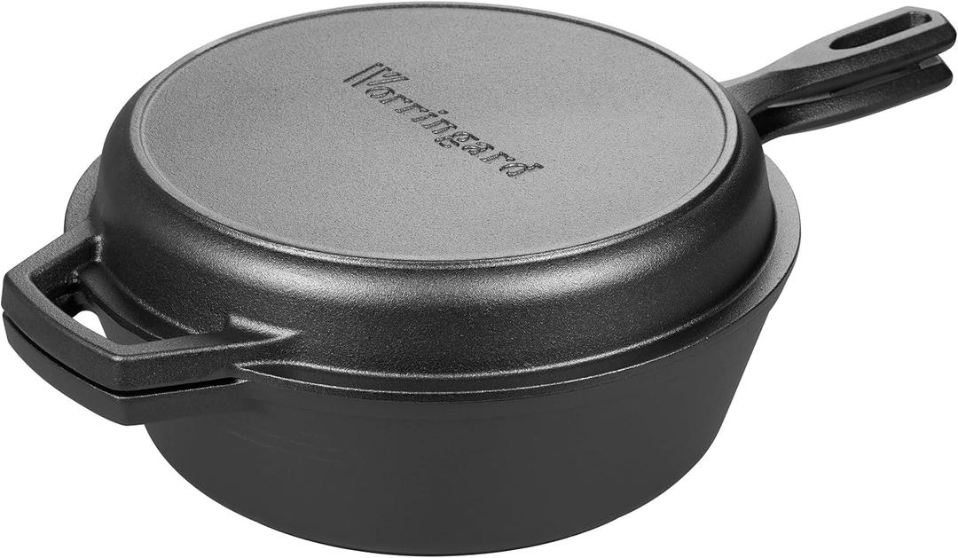 VORRINGARD Preseasoned Cast Iron Double Dutch Oven Pot with Skillet Lid, for Bread Baking, Outdoor, Campfire Cooking, 3 Quart