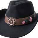 Jastore Western Cowboy Hat for Kids Girls with Pink Flower Buckle Blet Cowgirl Hat Wide Brim Fedora Hat Rodeo Party Hats