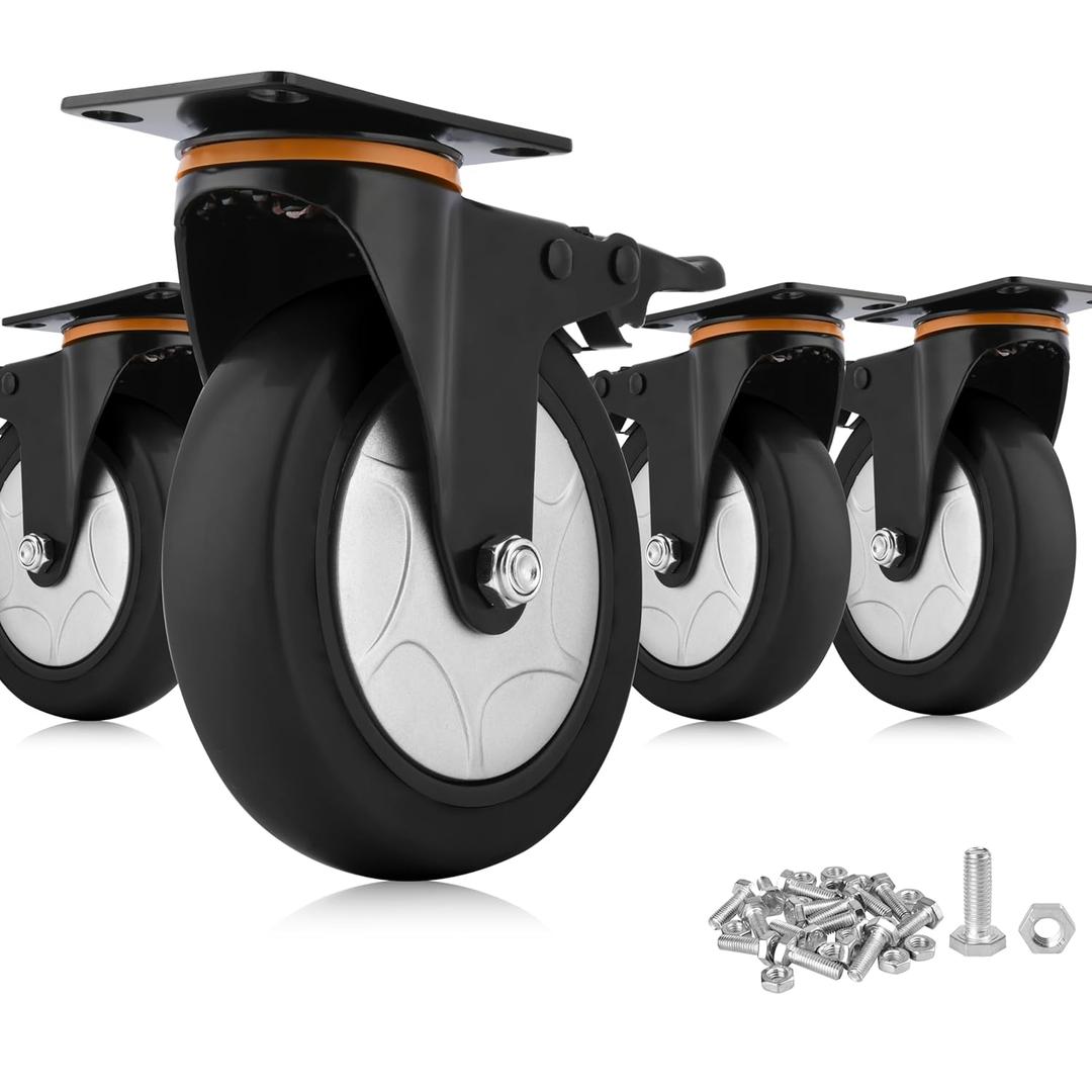 5 Inch Heavy Duty Caster Wheels with Brake - Set of 4, 2400 Lbs Capacity, Locking Swivel Industrial Casters for Furniture, Workbench, and Utility Carts