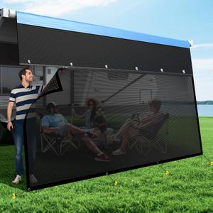 RV Awning Sun Shade Screen with Zipper, Upgrade 600D Oxford Top + 8.11oz Denser Mesh Bottom, 95% UV Protection, Easy Install Sunscreen Shade Complete Kits for Trailer Awning 9' x 19'3''