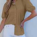 EVALESS Womens Button Down Shirts Cute Short Puff Sleeve V Neck Tops Spring Summer Blouses for Women Dressy Casual (L)