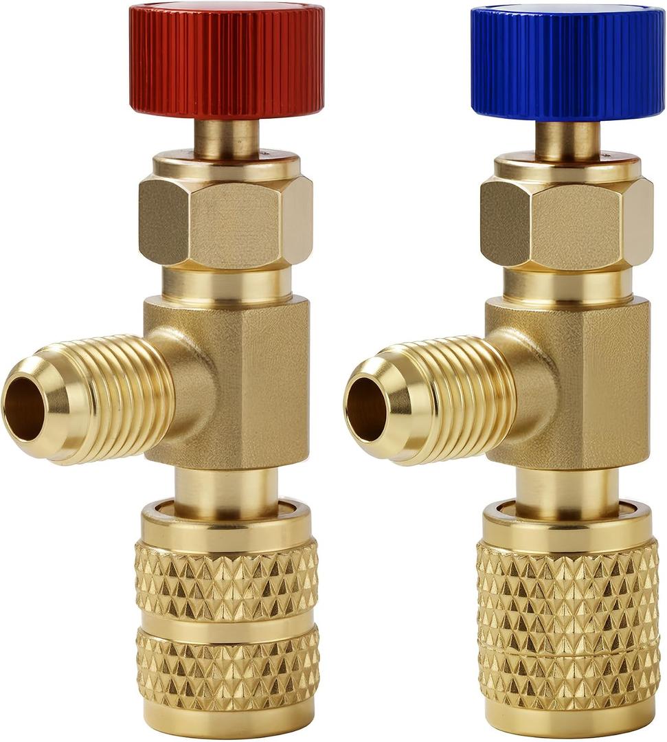 2Pcs Refrigerant Charging Valve Set, 1/4" & 5/16" Safety Adapter Flow Control Ball Valve, Brass Low Loss HVAC Fittings for R12 R22 R410 Air Conditioner Manifold Maintenance Tools