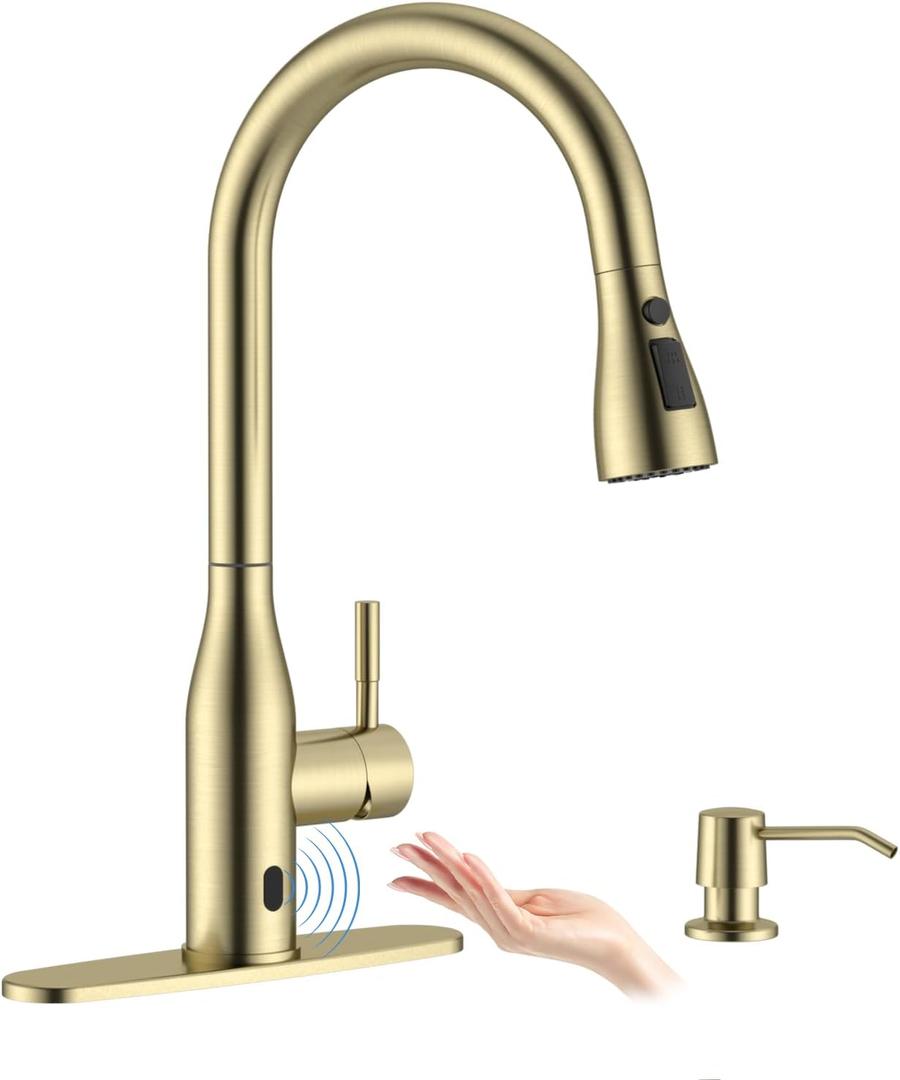APPASO Touchless Kitchen Faucet Gold, Touchless Kitchen Faucet with Soap Dispenser, Pull-Down Sprayer, Single Handle Stainless Steel, Hands Free for 1-4 Hole Sink, Brushed Gold, Easy Installation