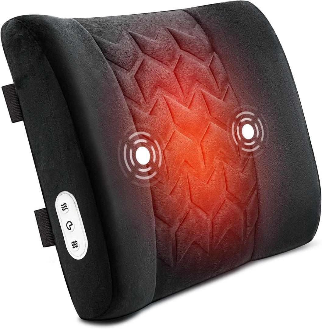 CILI Lumbar Support Pillow for Office Chair, Heated Back Support Pillow with Vibration, Back Massager for Chair, Back Rest Cushion Pillow for Desk Chair Sofa, Gifts for Mom Dad Women Men (Black)